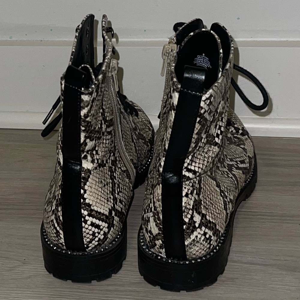 Express snakeskin combat booties. Rhinestone embellishing around sole. - Picture 5 of 10